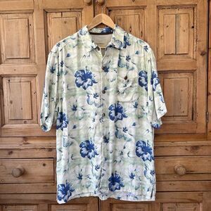 Tommy Bahama Large Original Fit Silk Pale Green and‎ Blue Button Front Shirt